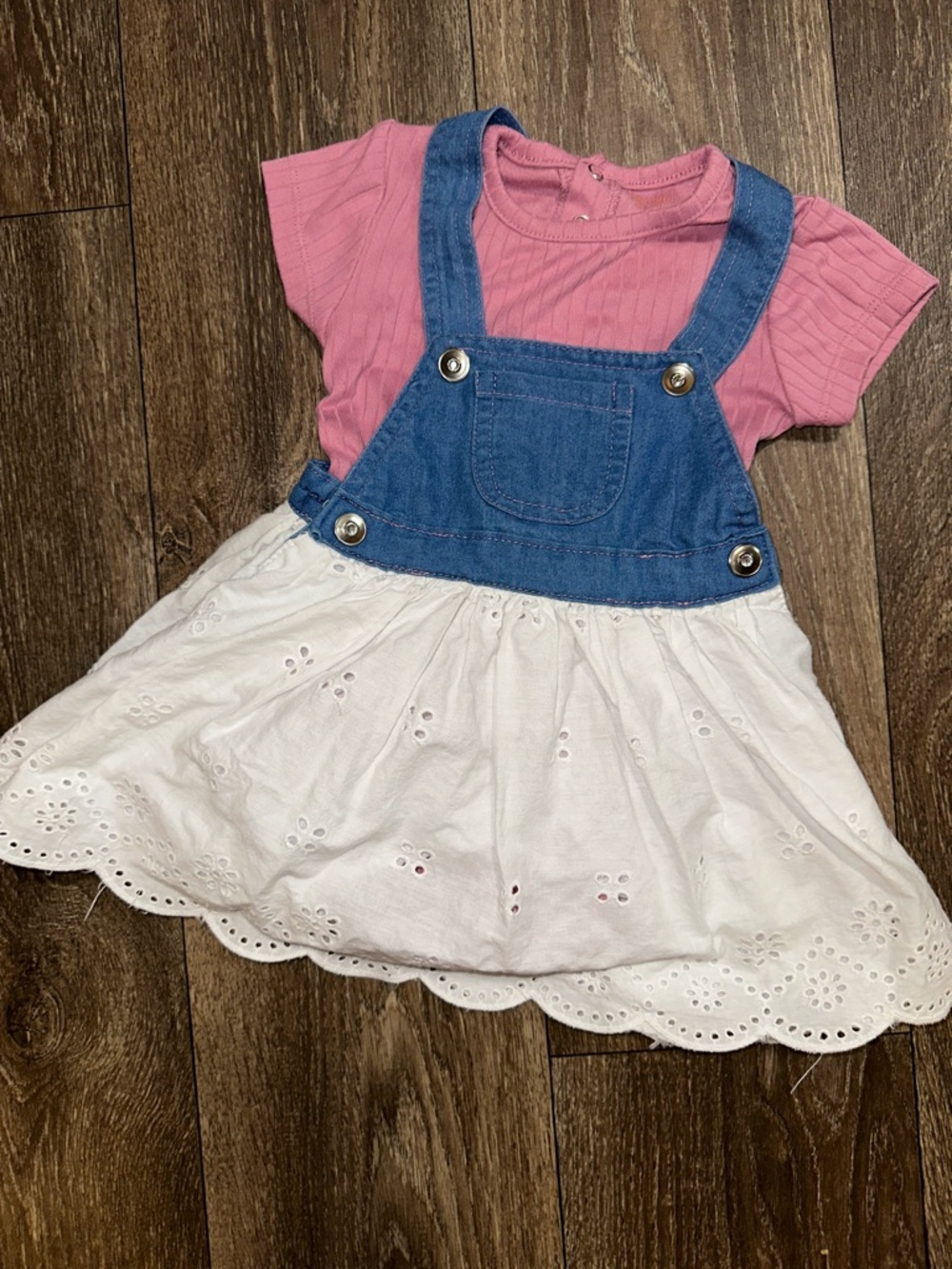 Kensie Pink Ribbed Top with Blue Denim Bib and White Eyelet Skirt